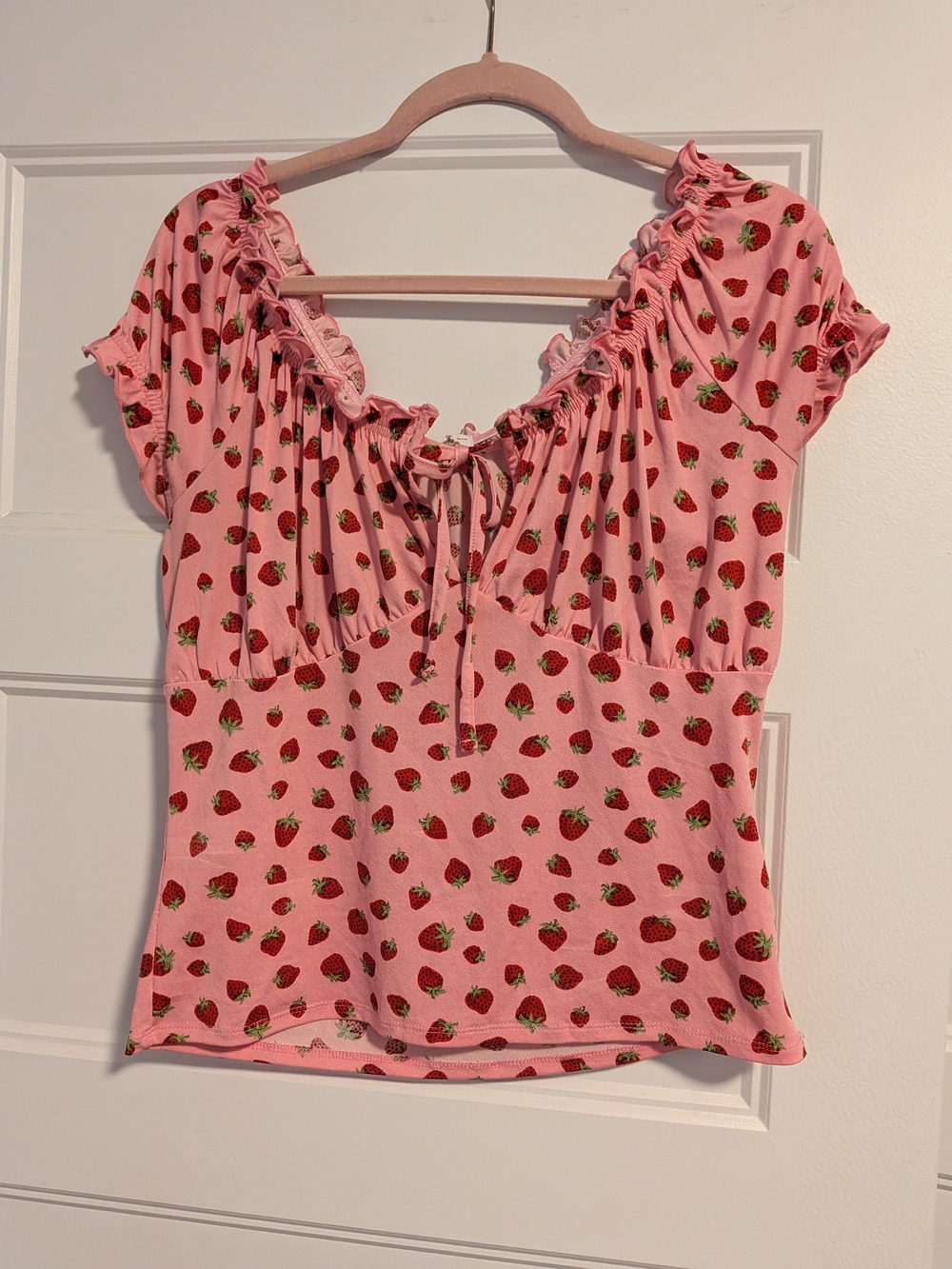 Y2k 90s Strawberry Pink Print Ruffle Scoop Neck Top Ardene